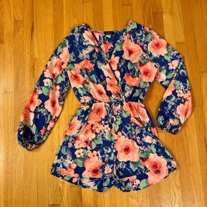 Eclipse - Royal Blue and Pink Floral Long Sleeve V-Neck Shorts Romper - US M